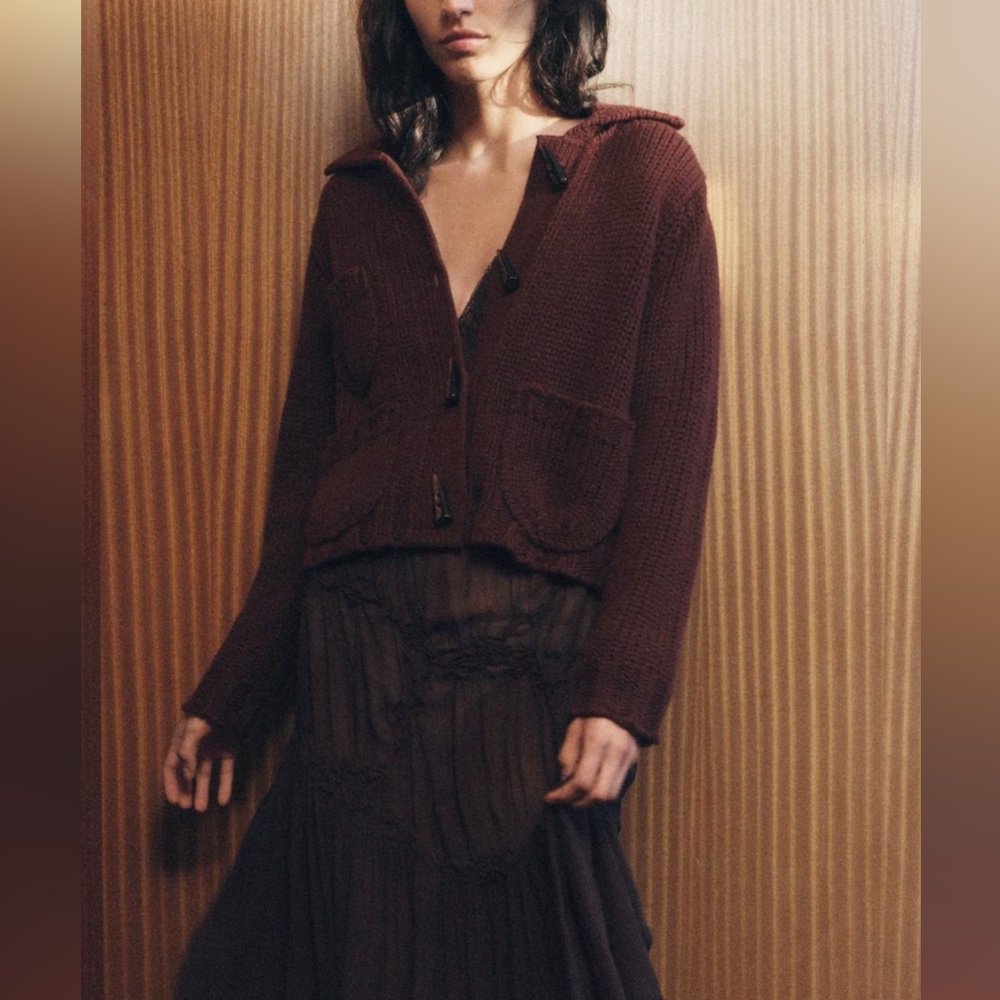🩵 ZARA Cropped Chunky Knit Cardigan Sweater